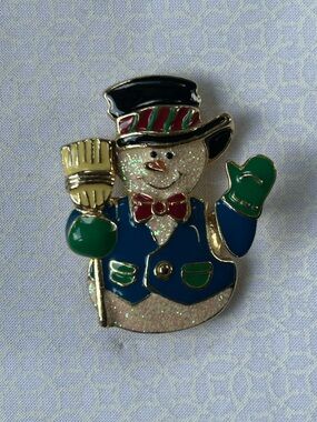 Vintage SFJ Festive Snowman Pin with Broom - Green & Blue Accents